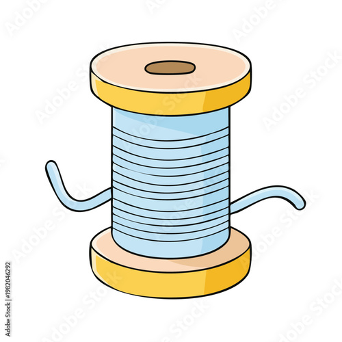 Illustration of a spool of light blue thread with yellow ends and a brown center hole