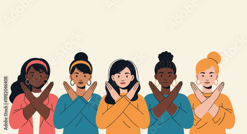 Diverse group of five women of different ethnicities crossing their arms in an x gesture for break the bias.