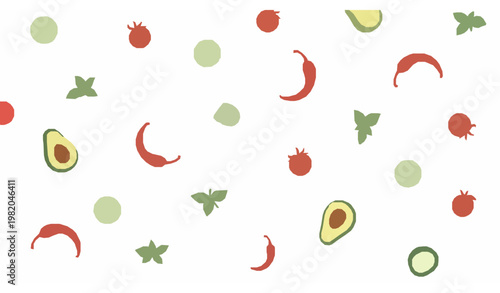 Abstract vegetable pattern vector with avocado tomato chili cucumber and basil in soft pastel modern design