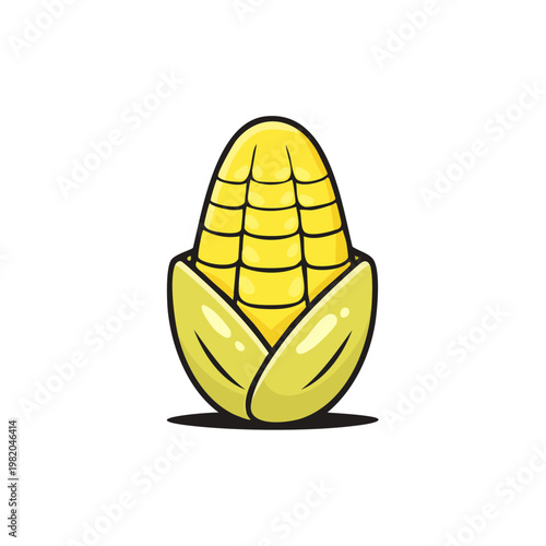 Cartoon illustration of a ripe yellow corn cob with green husks and kernels