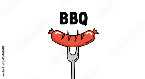 Cartoon grilled sausage on a metal fork with bold bbq text above it in a simple and clean food concept design.