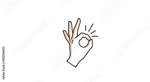 Simple line art illustration of a hand making the okay sign gesture with sunburst lines on a white background.