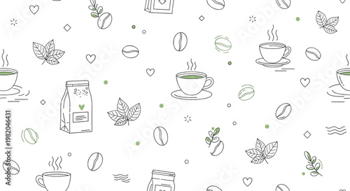 Seamless pattern of coffee related icons like cups beans leaves and coffee bags over a clean white background.