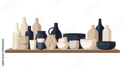 Collection of ceramic pottery vessels including vases bottles and bowls arranged on a wooden shelf in neutral tones.
