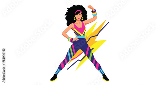 Fitness woman in colorful eighties style workout clothes posing against a bright yellow lightning bolt shape.