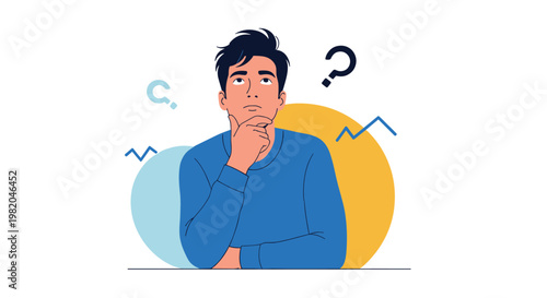 Young man character thinking and looking up with question marks and abstract geometric shapes on the background.