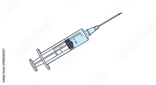Medical syringe for injections and vaccines depicted in a clean line art style with blue liquid and measurements.