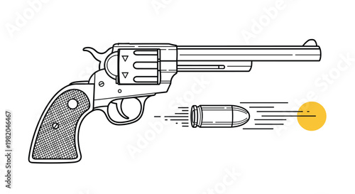 Western style revolver pistol firing a bullet with motion lines and a yellow spark against a plain white background.