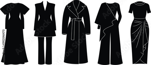 Elegant formal wear and business attire silhouette set, black vector outlines of evening gown, suit jacket, dress shirt, and trench coat isolated on white.