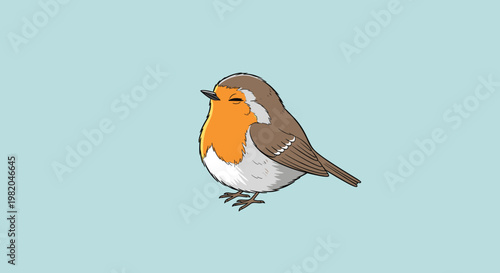 Cute illustration of a small round European robin bird with orange breast sitting calmly on a light blue pastel background.