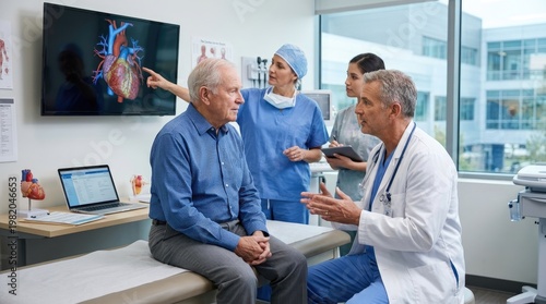 A doctor discusses a 3D heart image with an elderly patient and a nurse in a hospital room. The doctor points to the screen while explaining the heart's anatomy to the patient.