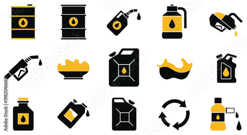 Set of oil and lubricant icons in black and yellow color scheme on white background for industrial and automotive use