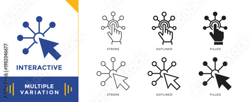 User interface and interaction icons showing touch gesture, click cursor and network nodes, digital navigation and connection concept, minimal line and solid vector design