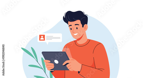 Young man smiling while using a digital tablet with a message notification appearing on a soft blue background.