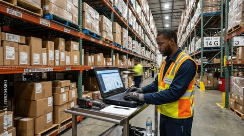 A Black man uses a laptop at a warehouse. He is working at a table with a scanner.