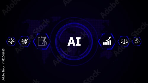 Artificial intelligence concept with global network and business icons representing innovation, AI and artificial intelligence drive global innovation. Digital systems power business growth.