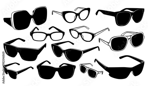 Fashion eyeglasses and sunglasses silhouette set with dynamic scattered frames in trendy vector style isolated on white