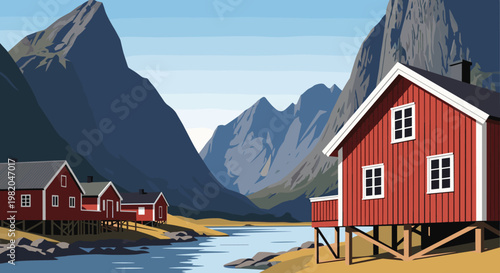 Picturesque landscape of a traditional Norwegian fishing village with red wooden houses and majestic mountains by a fjord.