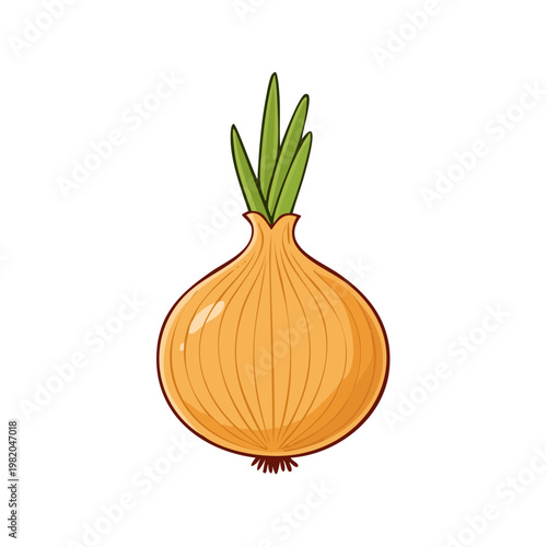 Cartoon illustration of a whole yellow onion with green sprouts on top