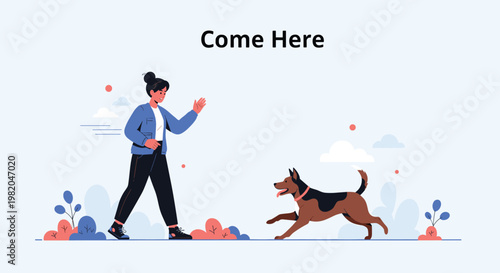 Young woman calling her pet dog in a park with text Come Here representing pet training and obedience in a flat style.