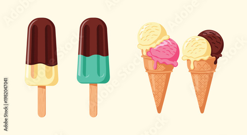 Assortment of delicious ice cream treats including chocolate dipped popsicles and scoops in waffle cones for summer.