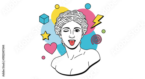 Playful pop art design of a classical goddess statue winking and sticking out her red tongue with colorful shapes.