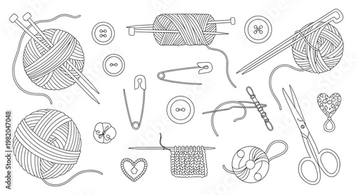 Hand drawn line art collection of knitting and sewing essentials including yarn balls needles scissors and buttons.