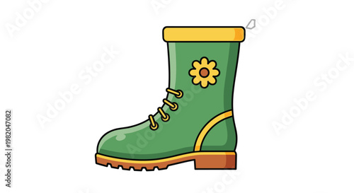 Colorful illustration of a green rubber garden boot decorated with a yellow flower and laces for rainy spring days.