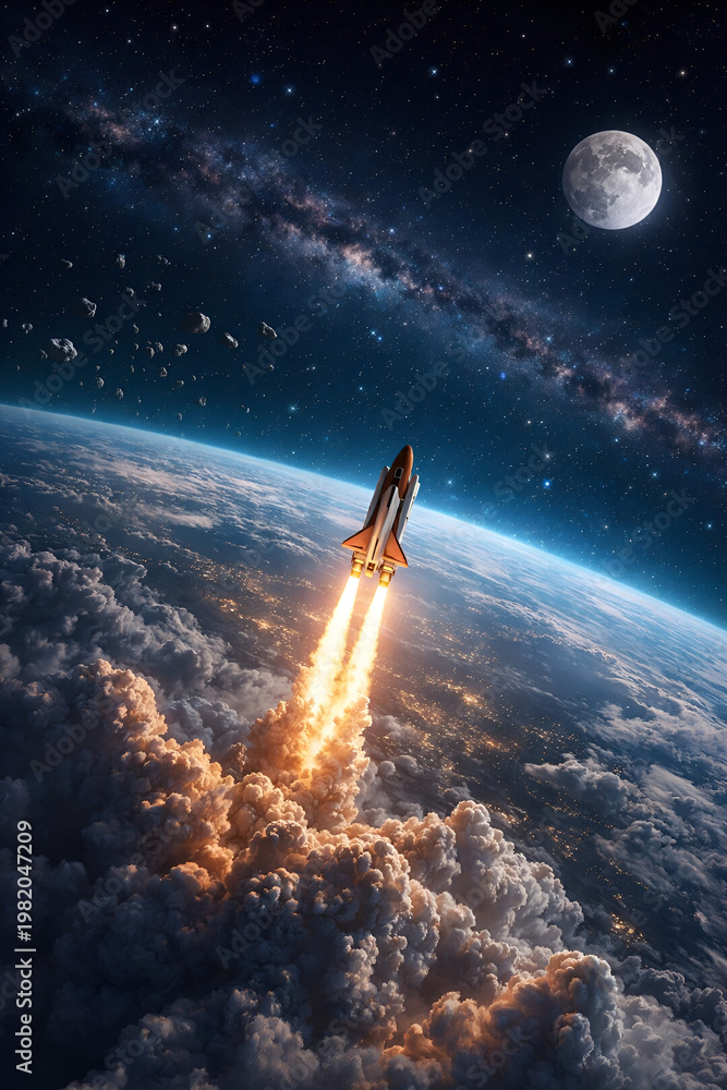 Naklejka premium Dramatic 3D illustration of a space shuttle launching through clouds toward the moon, symbolizing mission success, breakthrough innovation, and interstellar exploration.