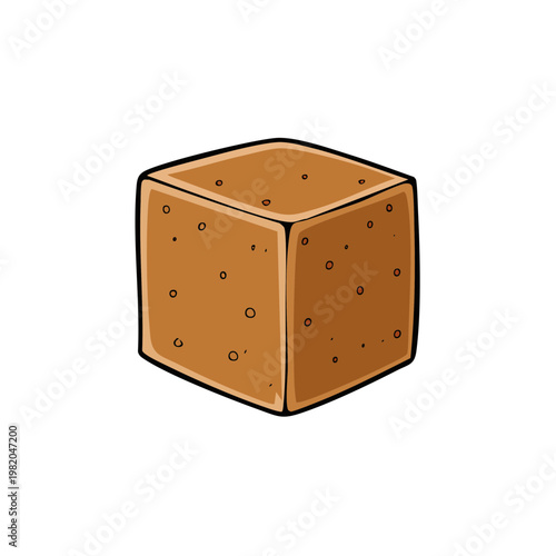 Hand Drawn Illustration of a Single Brown Sugar Cube with Small Bubbles