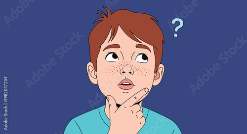 Curious young boy with freckles looking up thoughtfully while thinking about a difficult question or solving a complex problem against a blue background.