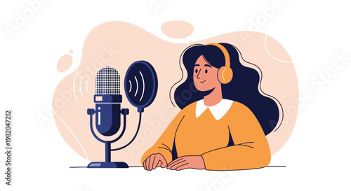 Creative young woman wearing headphones and recording a professional podcast or radio show using a high-quality studio microphone and equipment.