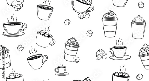Creative seamless pattern design featuring various coffee cups, take-out mugs, and sweet marshmallows in a simple hand-drawn sketch style for cafe decor.