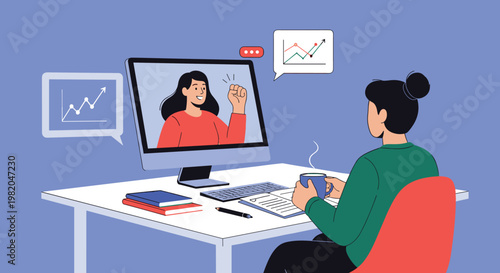 Professional business women having a successful video conference call with positive growth data charts displayed on a modern desktop computer screen.