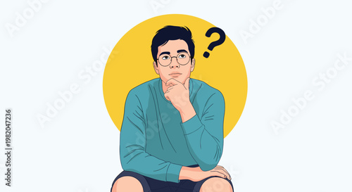 Smart young man with glasses sitting thoughtfully and looking up while thinking about a creative idea or having an important question to answer.