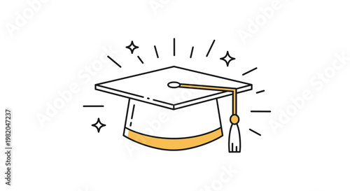 Classic white graduation mortarboard cap icon with gold details and sparkling elements representing educational success and academic achievement.