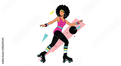 Stylish young woman with an afro roller skating in vibrant retro 80s fitness clothing against an abstract geometric background with bright colors.