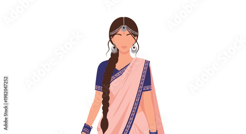 Detailed traditional illustration of a beautiful indian woman wearing a classic pink and blue sari with intricate jewelry and ethnic accessories.