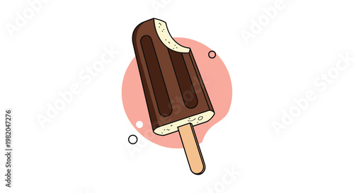 Delicious chocolate-coated vanilla ice cream popsicle on a wooden stick with a large bite taken out against a soft pink background with circles.