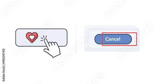 Modern user interface design elements showing a heart like button being clicked and a standard blue cancel button for web or application design.