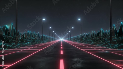 Neon road perspective with geometric mountains and street lamps at night