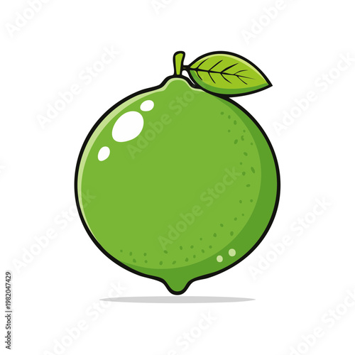 Vibrant cartoon lime with a single green leaf and stem illustration