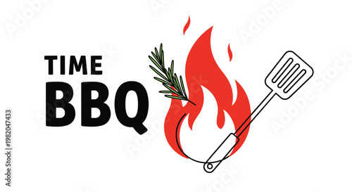 Barbecue themed illustration with the text time bbq featuring a hot red flame, fresh rosemary, and a professional grill spatula for cookouts.