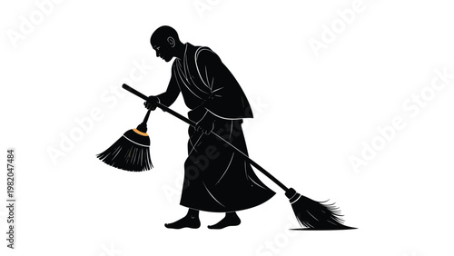 A silhouette of a person sweeping.