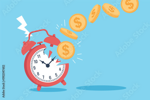 Broken Alarm Clock with Flying Money Illustration Vector Financial Loss Concept