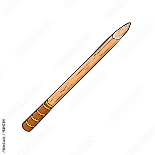 Sharpened wooden pointed stick isolated on white background, ancient tool drawing