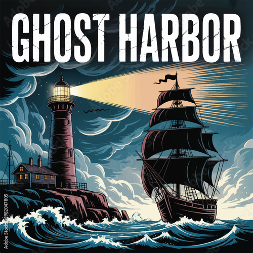 A dark fantasy book cover illustration with GHOST HARBOR written in large white distressed text at the top 