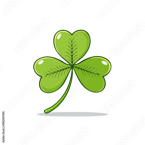 Single green cloverleaf plant with three heart shaped leaves and stem in cartoon style