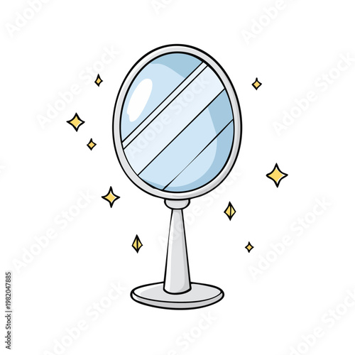 Simple cartoon oval tabletop vanity mirror reflecting light surrounded by sparkles