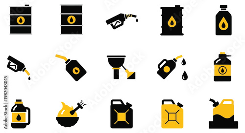 Oil change icons set in black and yellow color scheme for automotive service